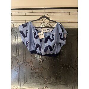 AVN Women's Short Blue Bird Blouse Size 42 Top, Elastic Tessuto MSRP $472
